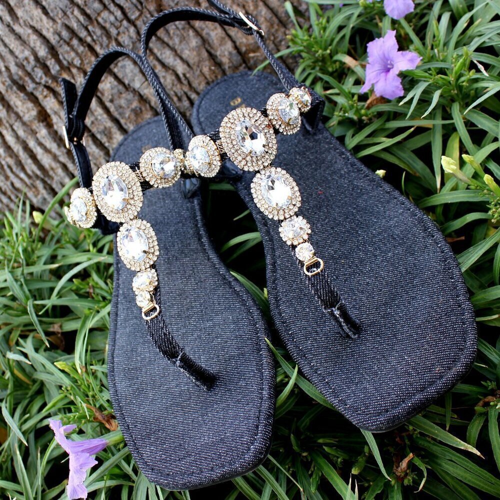 Jeweled Dark Black Denim Dressy Strap Bling Gold Accent Sandals Size 7/7.5/8/8.5
